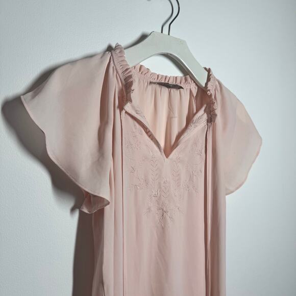 LOFT Top Women XS Pink Embroidered Tie Neck Blouse Cottage Minimal Modest Work - Picture 4 of 7